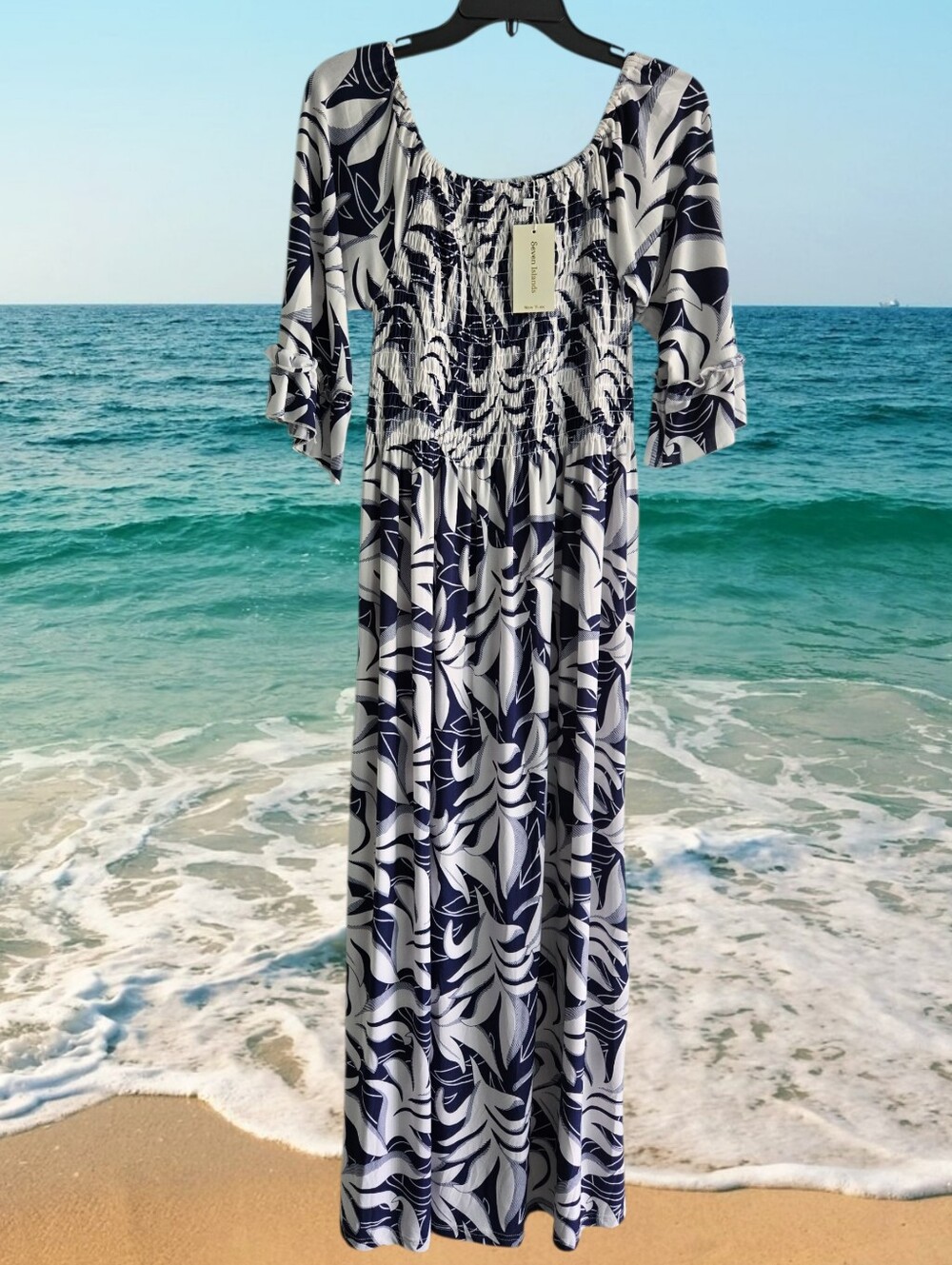Seven Islands NY Blue & White Tropical Print Maxi Dress
